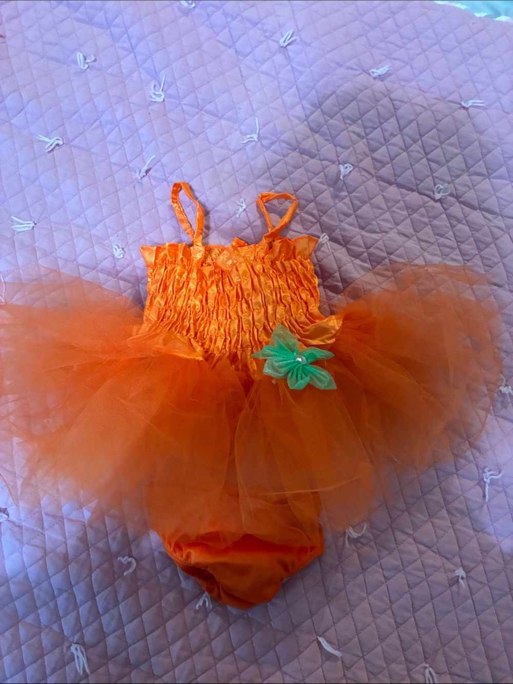 Orange Tulle Tutu Leotard with Green Flower Accent - Toddler Dance Costume
